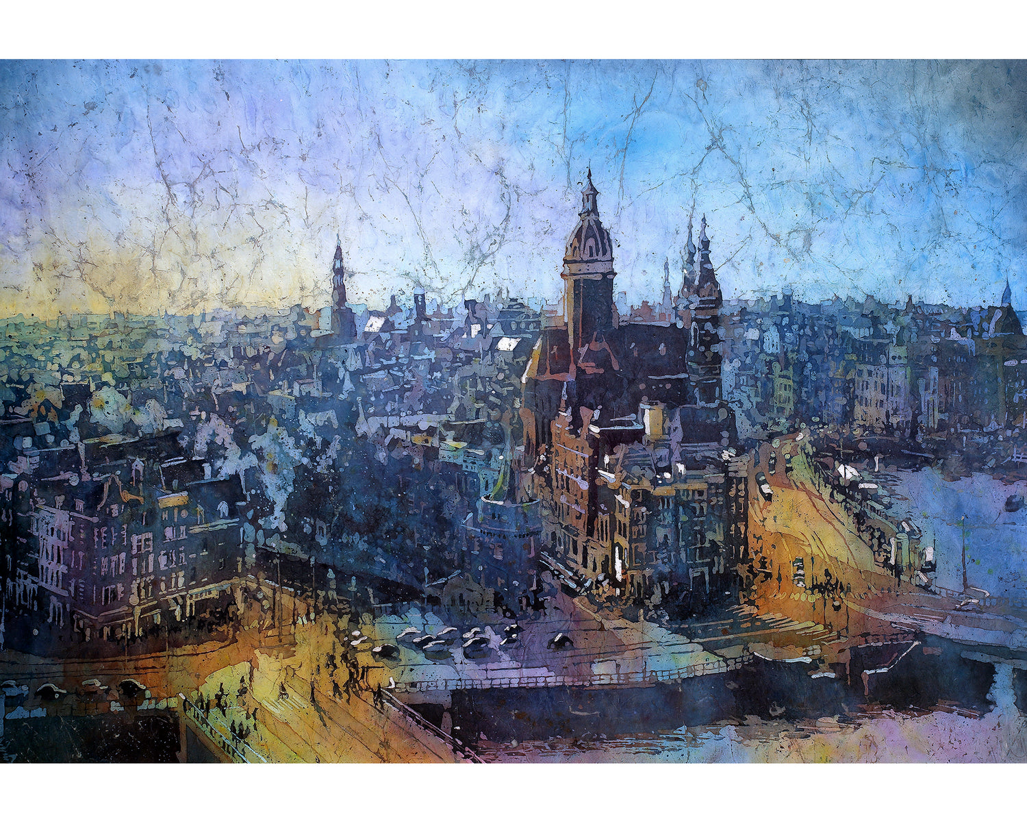 Original watercolor batik painting of Amsterdam, Netherlands skyline.  Original painting and prints available
