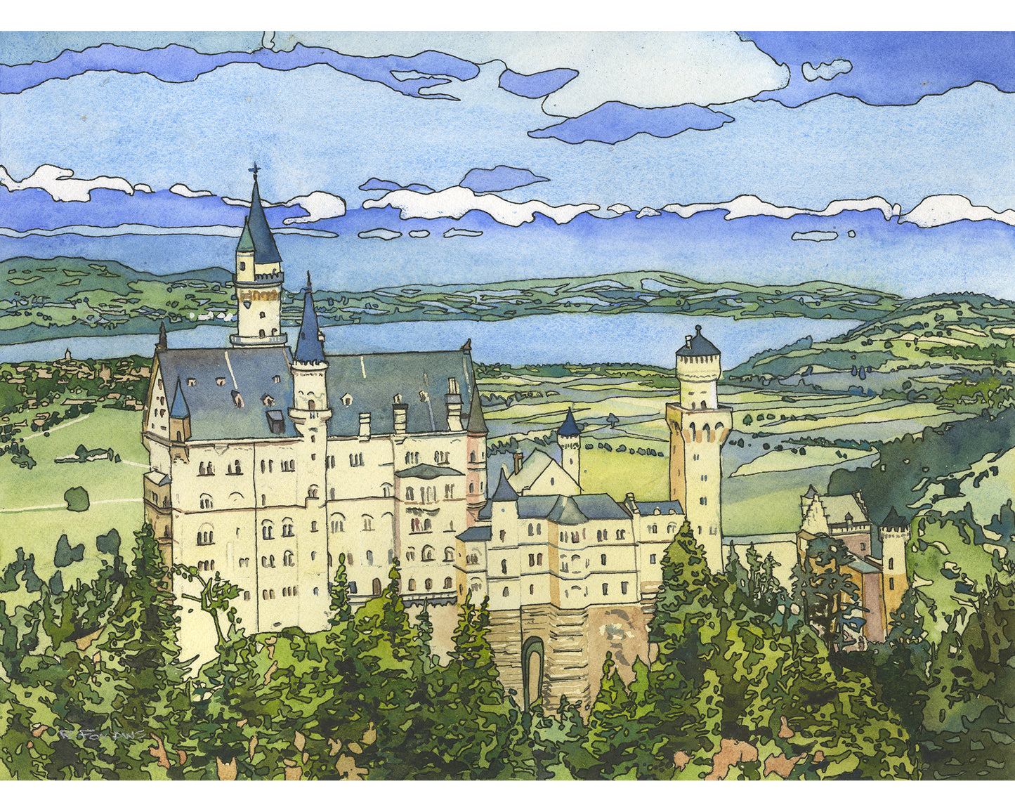 Original watercolor landscape Neuschwanstein Castle Bavaria Germany trendy wall art handmade item travel essentials colorful painting decor (original)