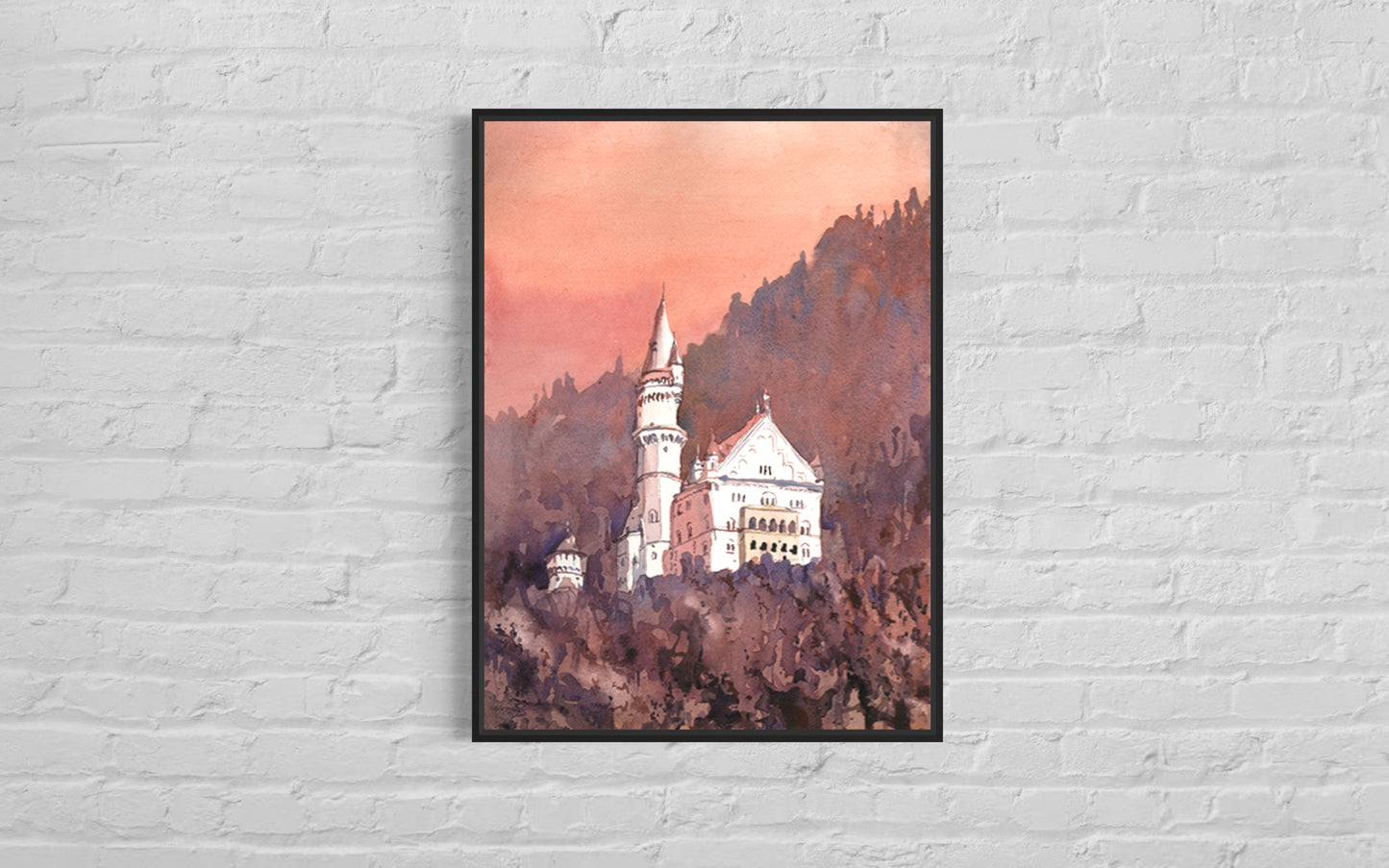 Watercolor landscape Neuschwanstein Castle travel essentials trendy wall art (original painting)