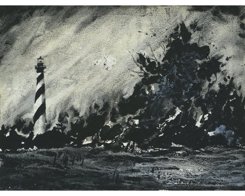 Cape Hatteras Lighthouse on the Outer Banks, NC monochromatic.  Watercolor painting Cape Hatteras Lighthouse, OBX. North Carolina lighthouse (original)