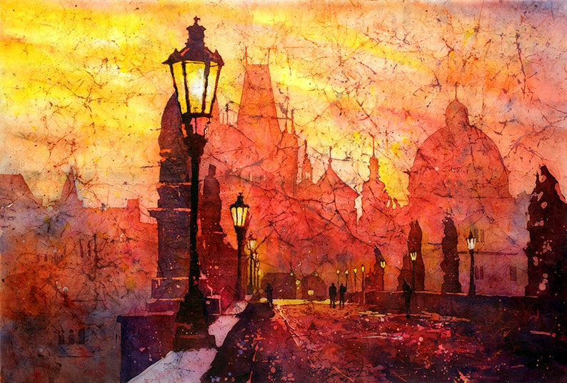 Batik painting of sunrise over Charles Bridge the medieval city of Prague-Czech Republic. Prague painting.  Watercolor Prague (original art)
