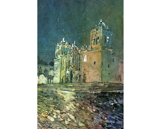 Cusco Cathedral on the Plaza de Armas at dusk- Peru.   Cathedral on Plaza de Armas Incan watercolor painting Peru artwork batik (original)